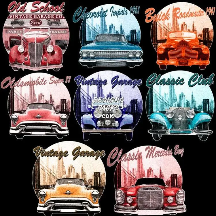 8 Vintage Classic Cars Garage Designs Bundle PNG