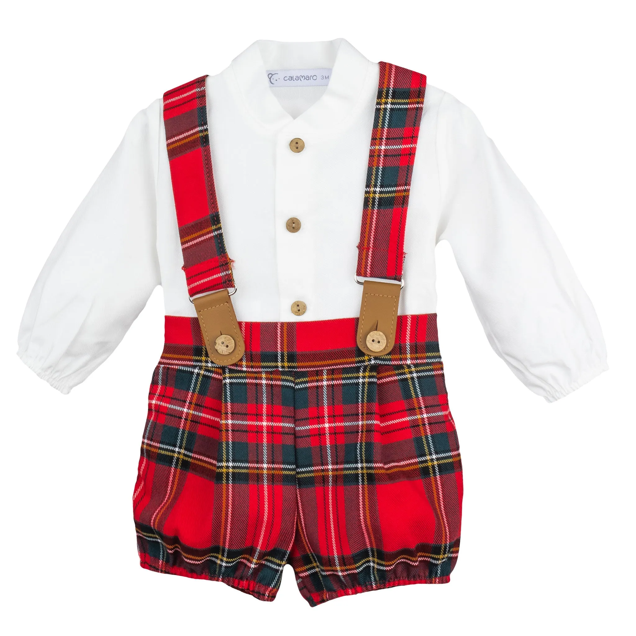 Baby Boys Shirt and Tartan Shorts with Braces - Red - Calamaro 11092