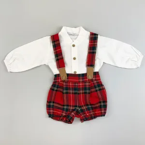 Baby Boys Shirt and Tartan Shorts with Braces - Red - Calamaro 11092