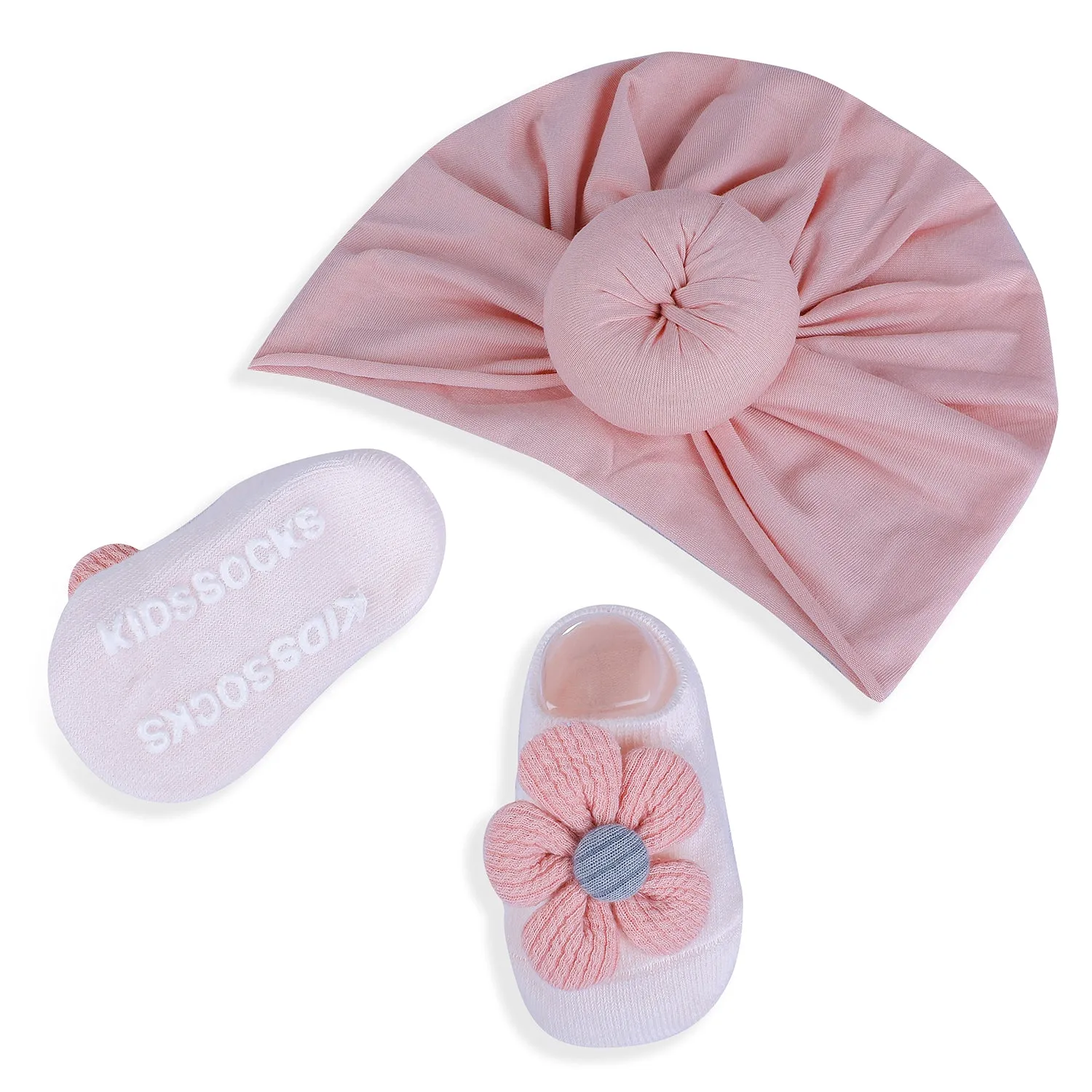 Baby Moo 3D Knot Turban Cap And Matching Floral Socks Set - Pink