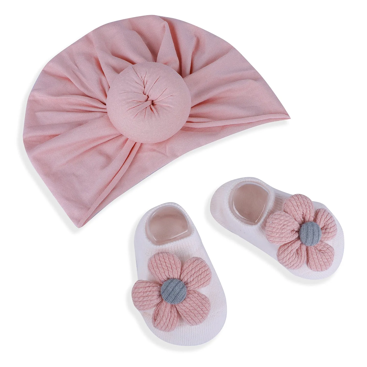 Baby Moo 3D Knot Turban Cap And Matching Floral Socks Set - Pink