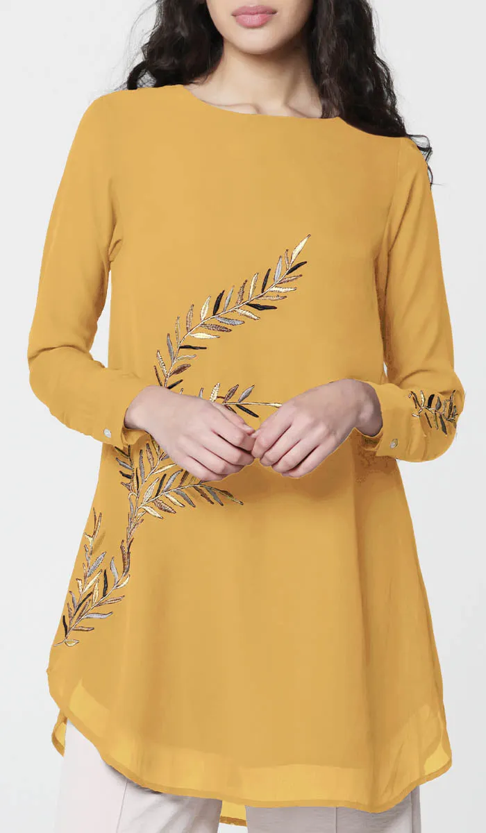 Baraka Gold Embroidered Formal Long Modest Tunic - Saffron