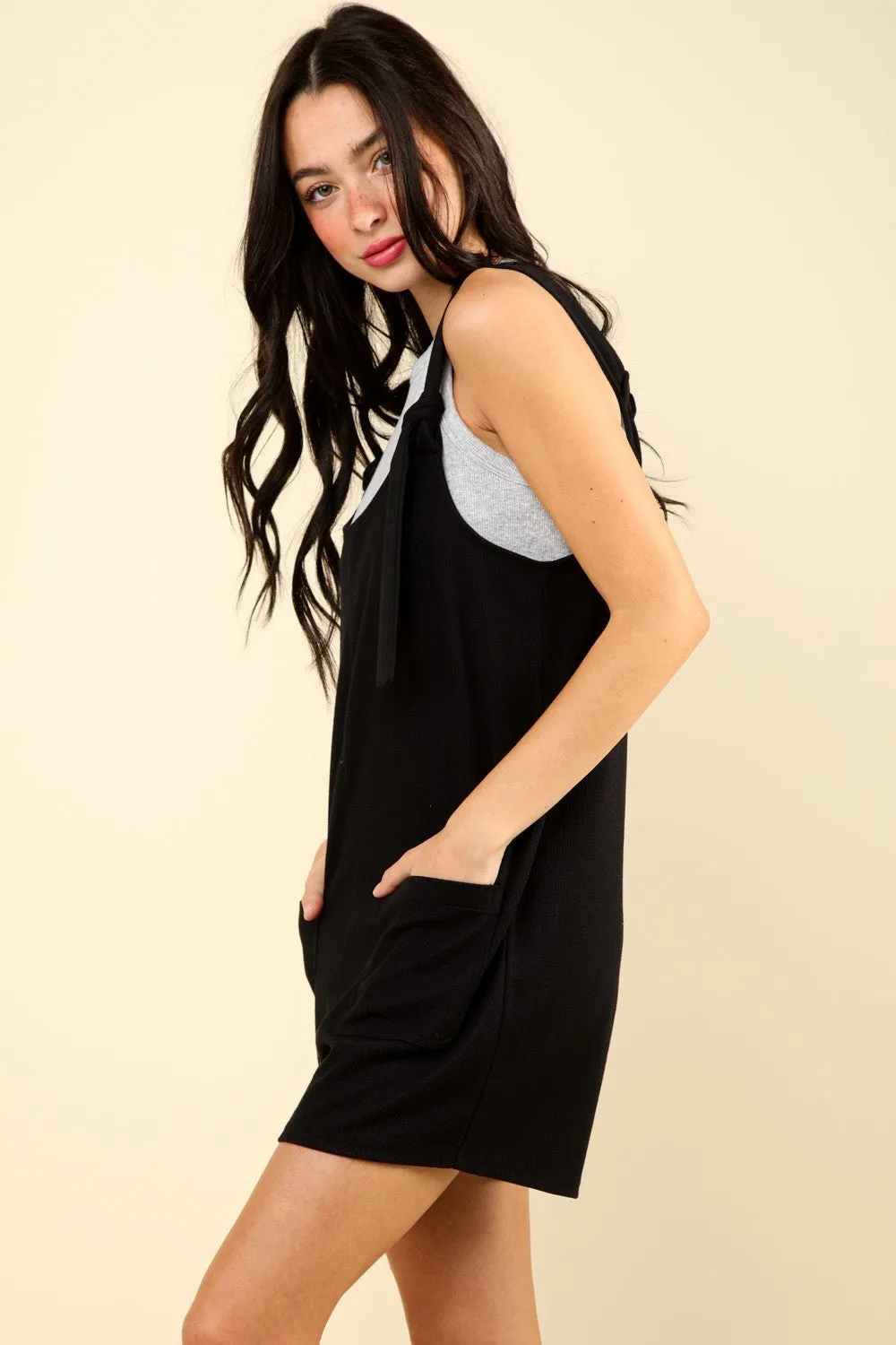 Black Tie Shoulder Front Pocket Romper