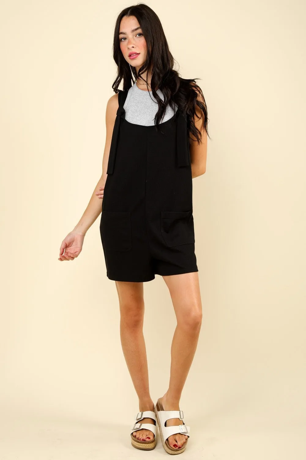 Black Tie Shoulder Front Pocket Romper