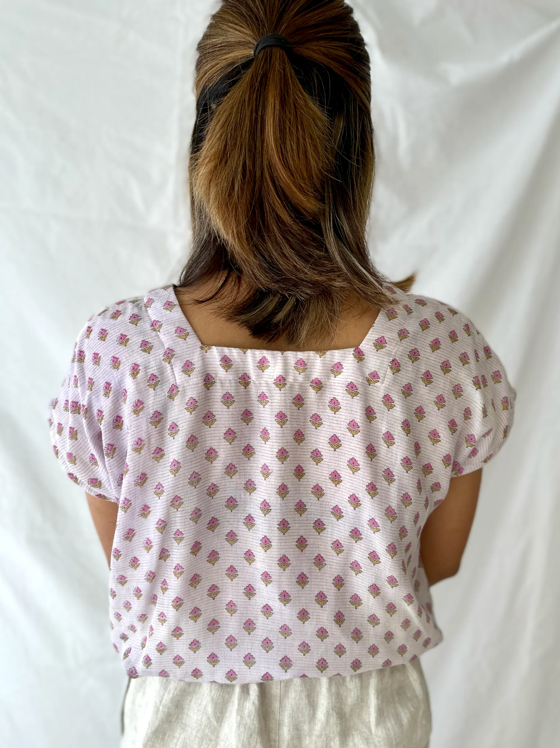 Delicate Pink Floral Square Neck Top - S, XL