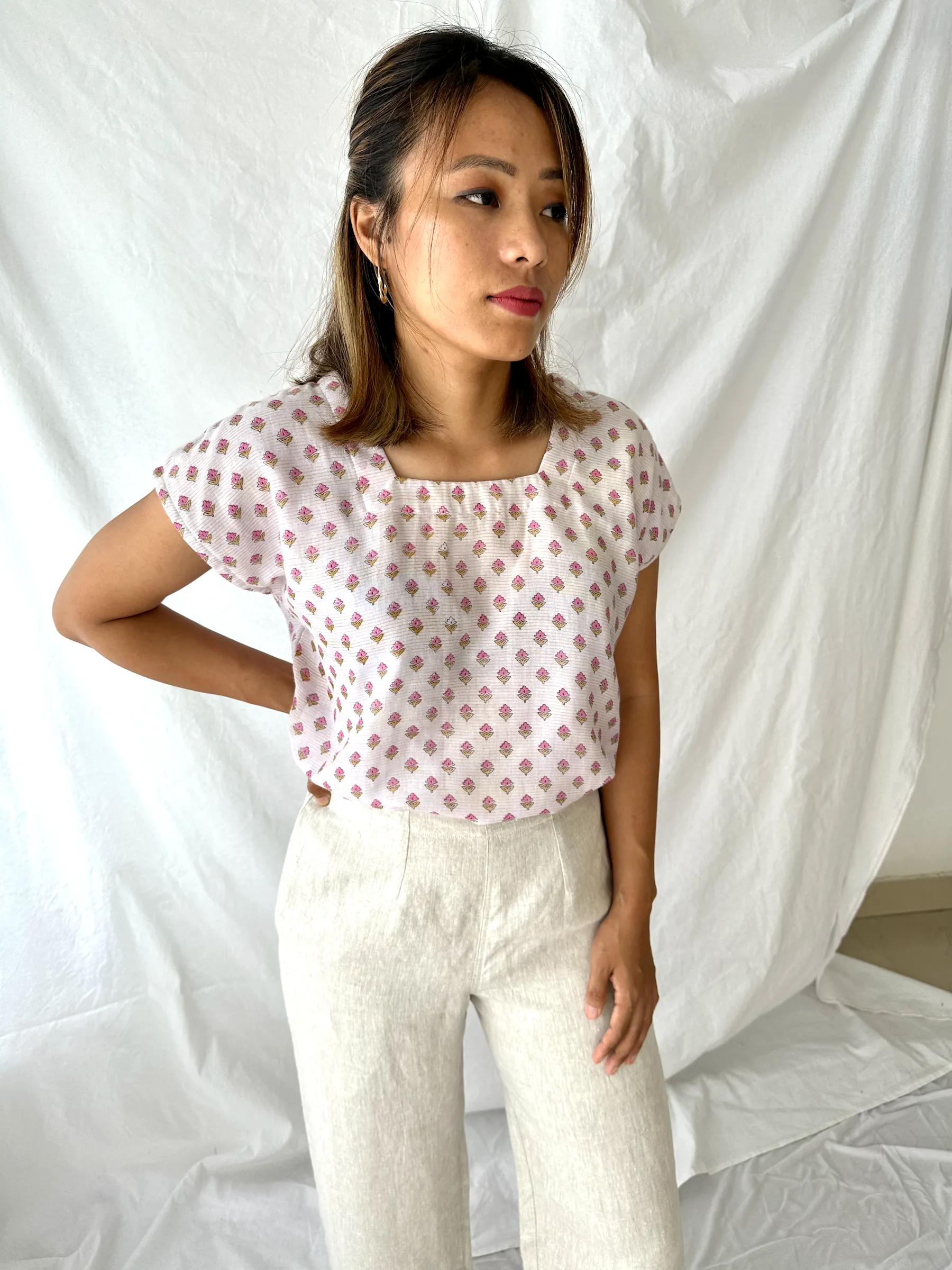 Delicate Pink Floral Square Neck Top - S, XL