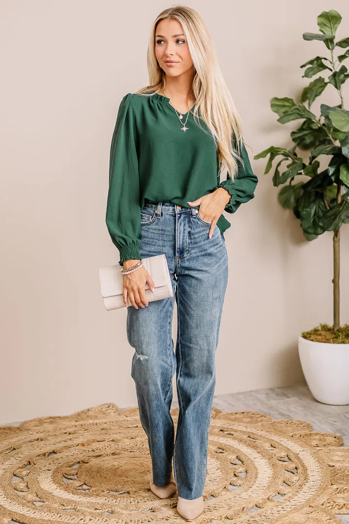 Do Me A Solid Ruffle Neck Top | Hunter Green