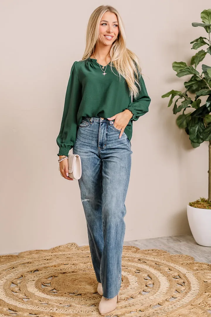 Do Me A Solid Ruffle Neck Top | Hunter Green