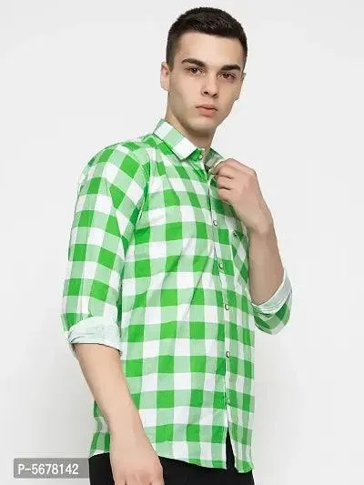 Elegant Green Cotton Checked Casual Shirts For Men