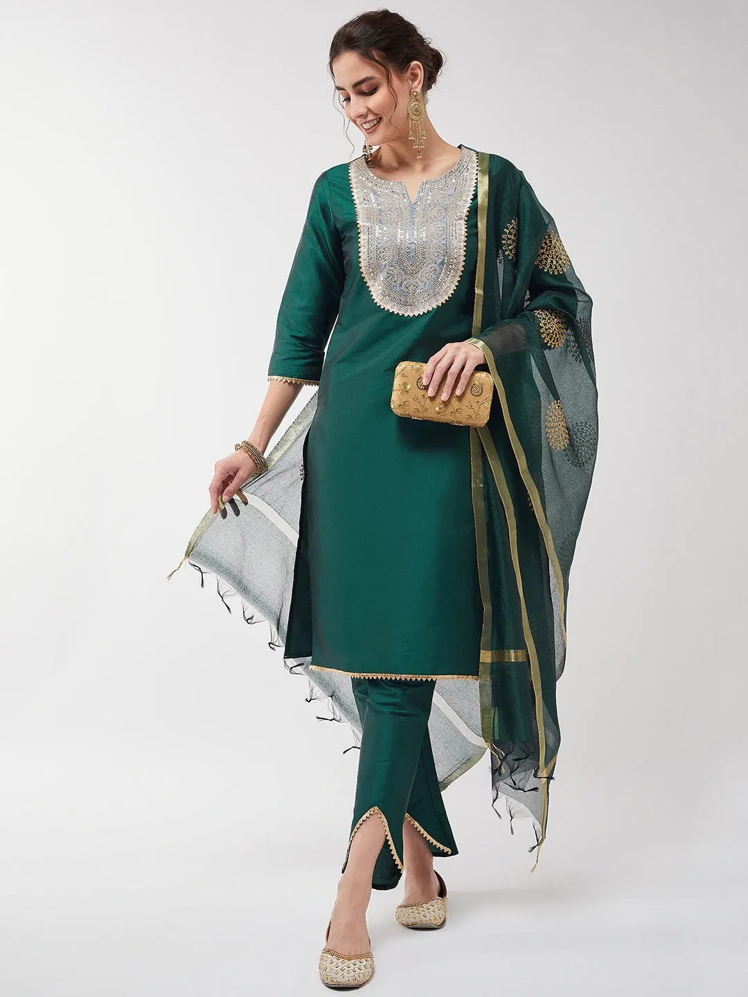 Festive Solid Lace Yoke Kurta With Matching Dupatta And Pant Set