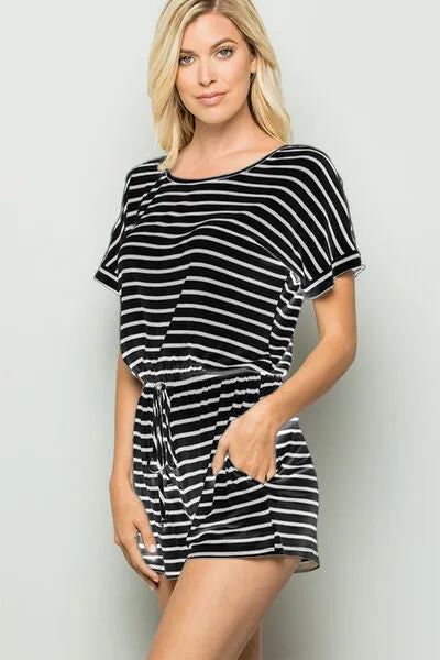 Full Size Striped Round Neck Short Sleeve Romper