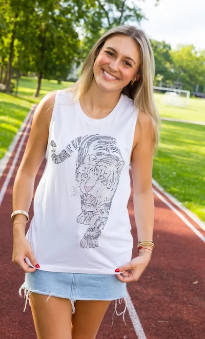 Game Day Tank, Muscle Racerback White, Silver Walking Tiger