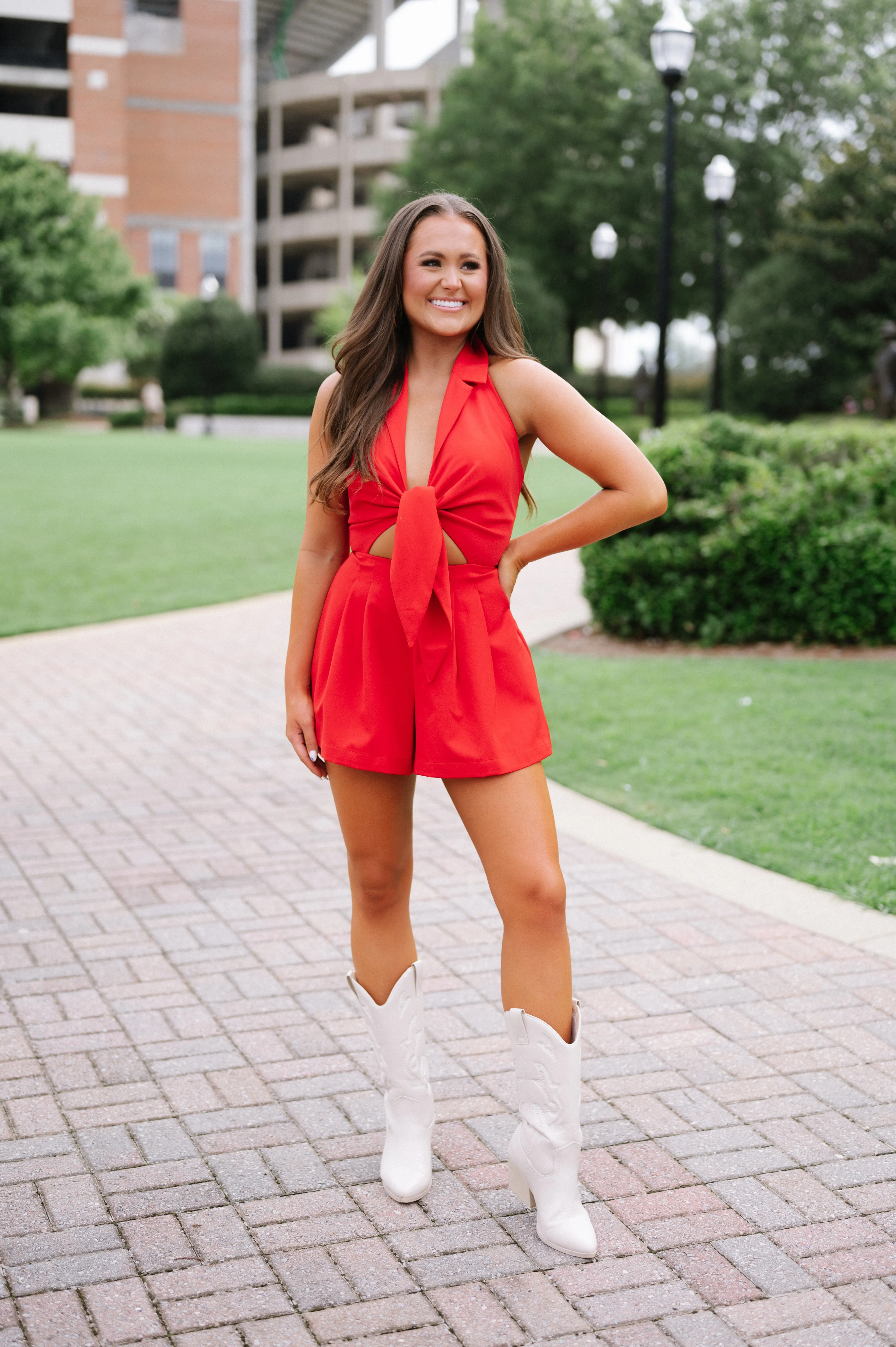 Halter Tie Front Playsuit-Red