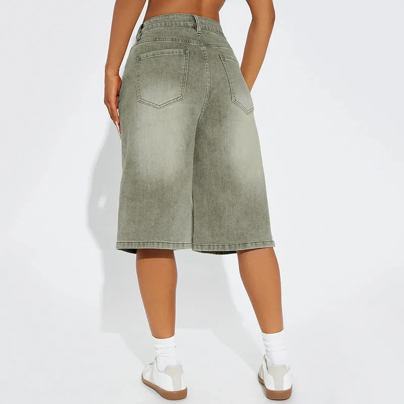 High-Waist Belted Denim Bermuda Shorts