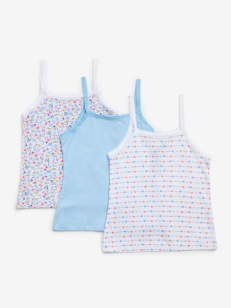 HOP Kids Blue Printed Cotton Camisoles - Pack of 3