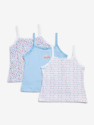 HOP Kids Blue Printed Cotton Camisoles - Pack of 3