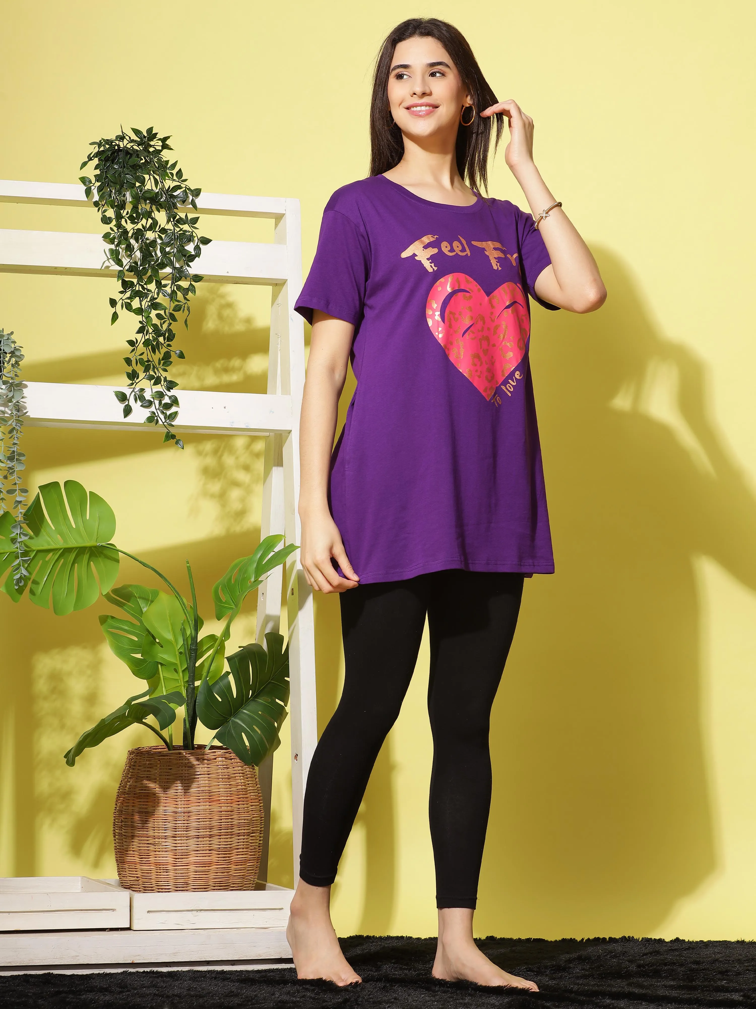 Hosiery Cotton Plus Size T-shirt with Pockets Purple