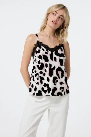 Ivory with Neutral and Black Mega Shadow Leopard Lace Trim Cami Top