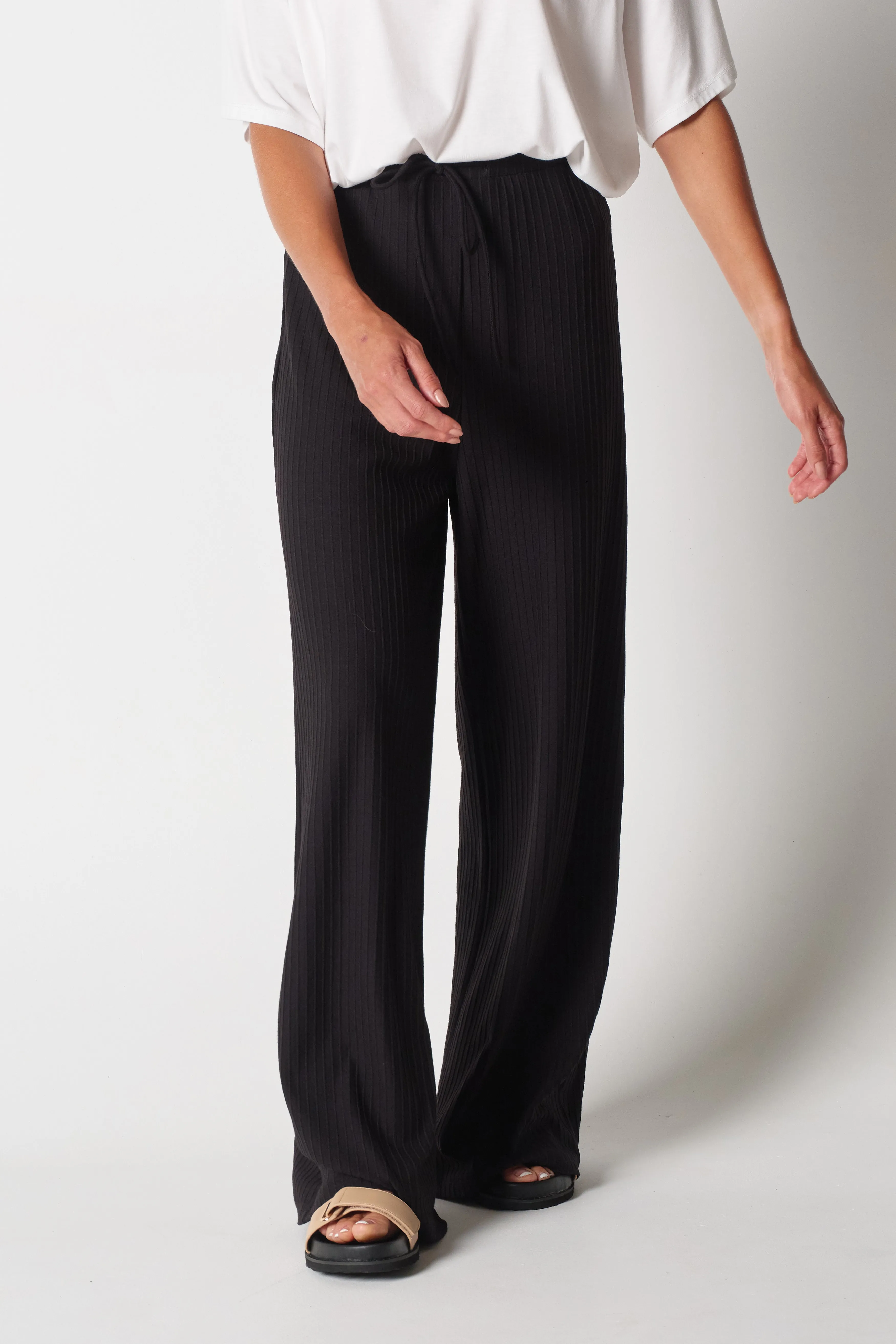 Ivy Ribbed Wide Leg Pants - Black