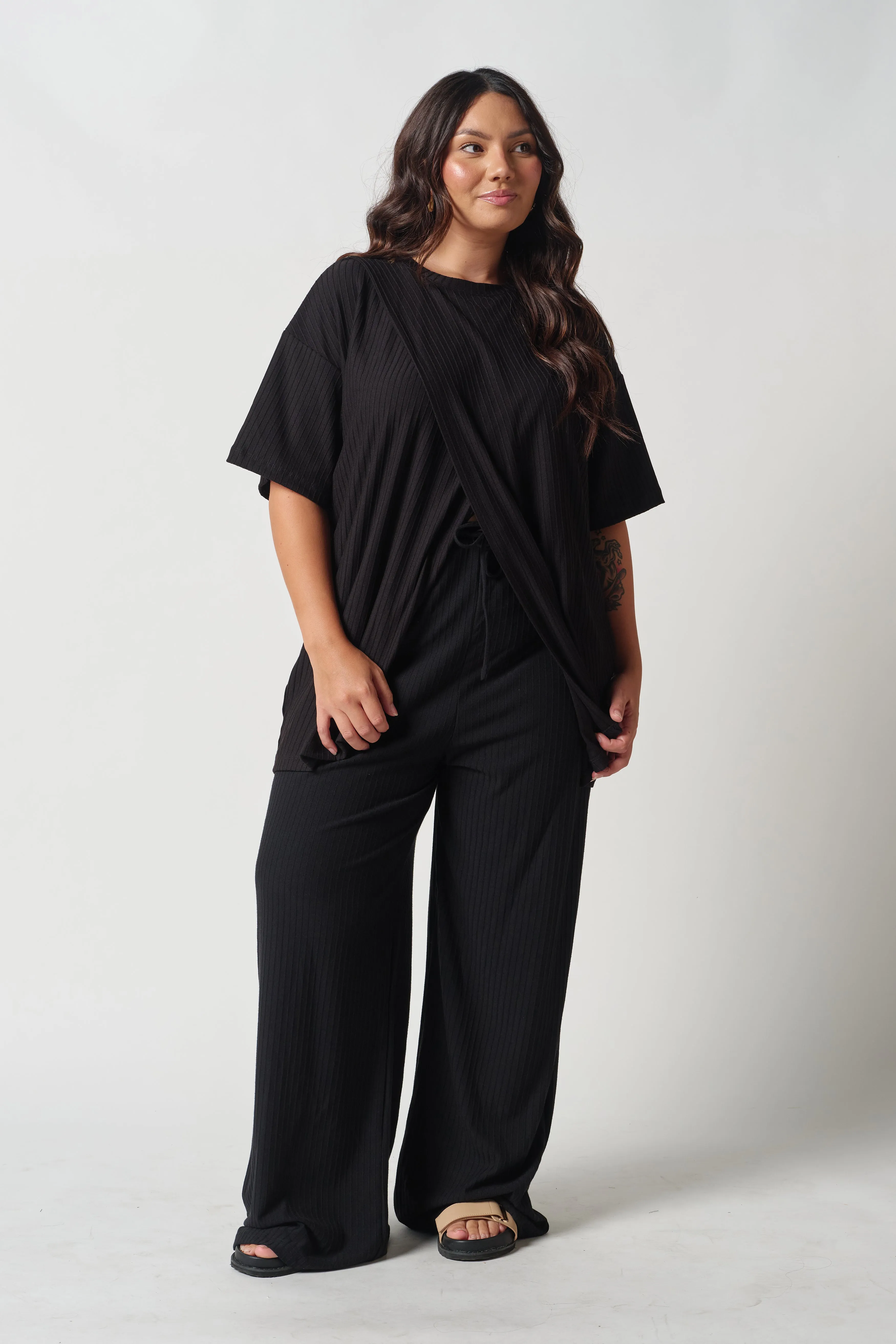 Ivy Ribbed Wide Leg Pants - Black