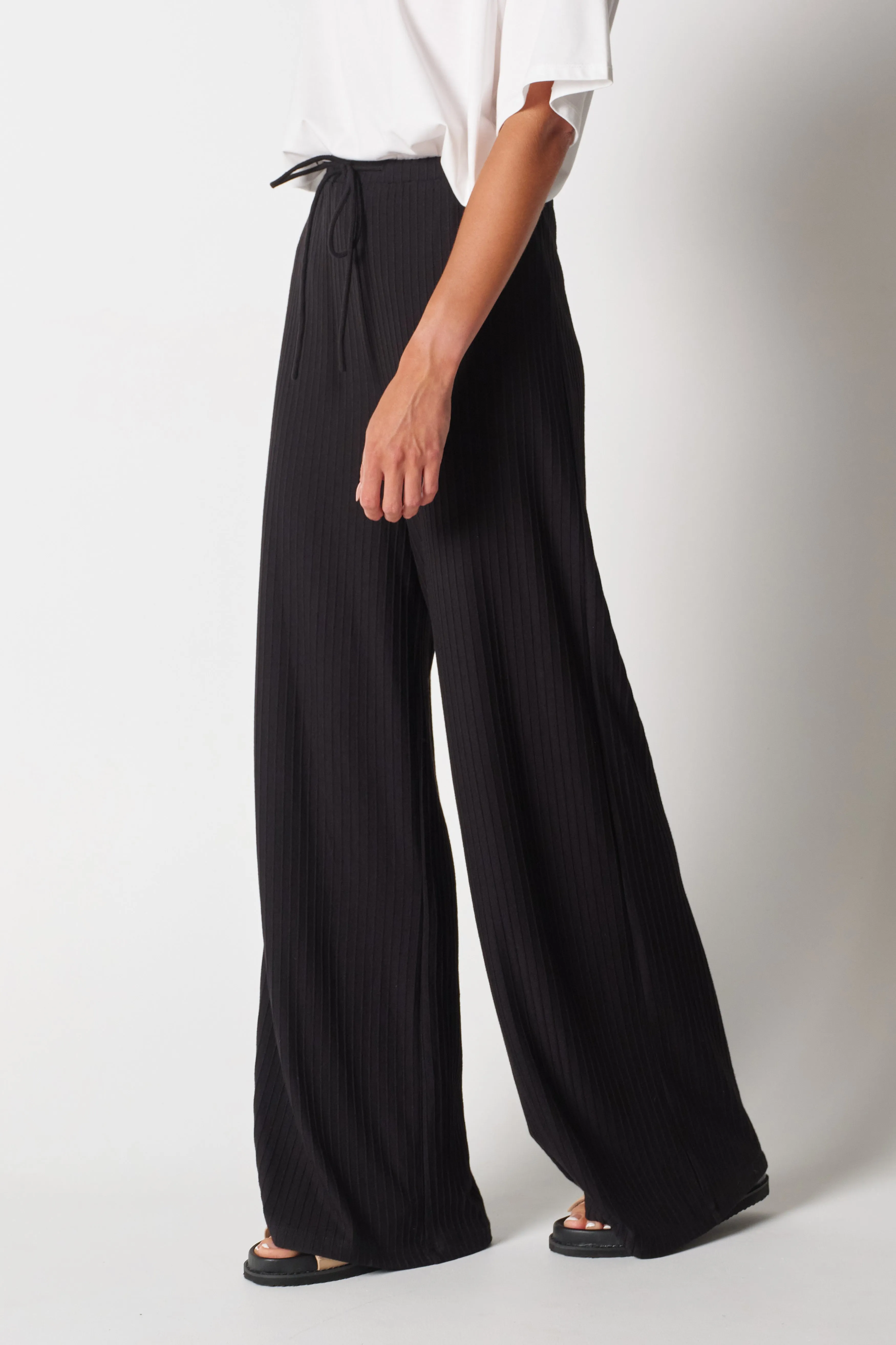 Ivy Ribbed Wide Leg Pants - Black