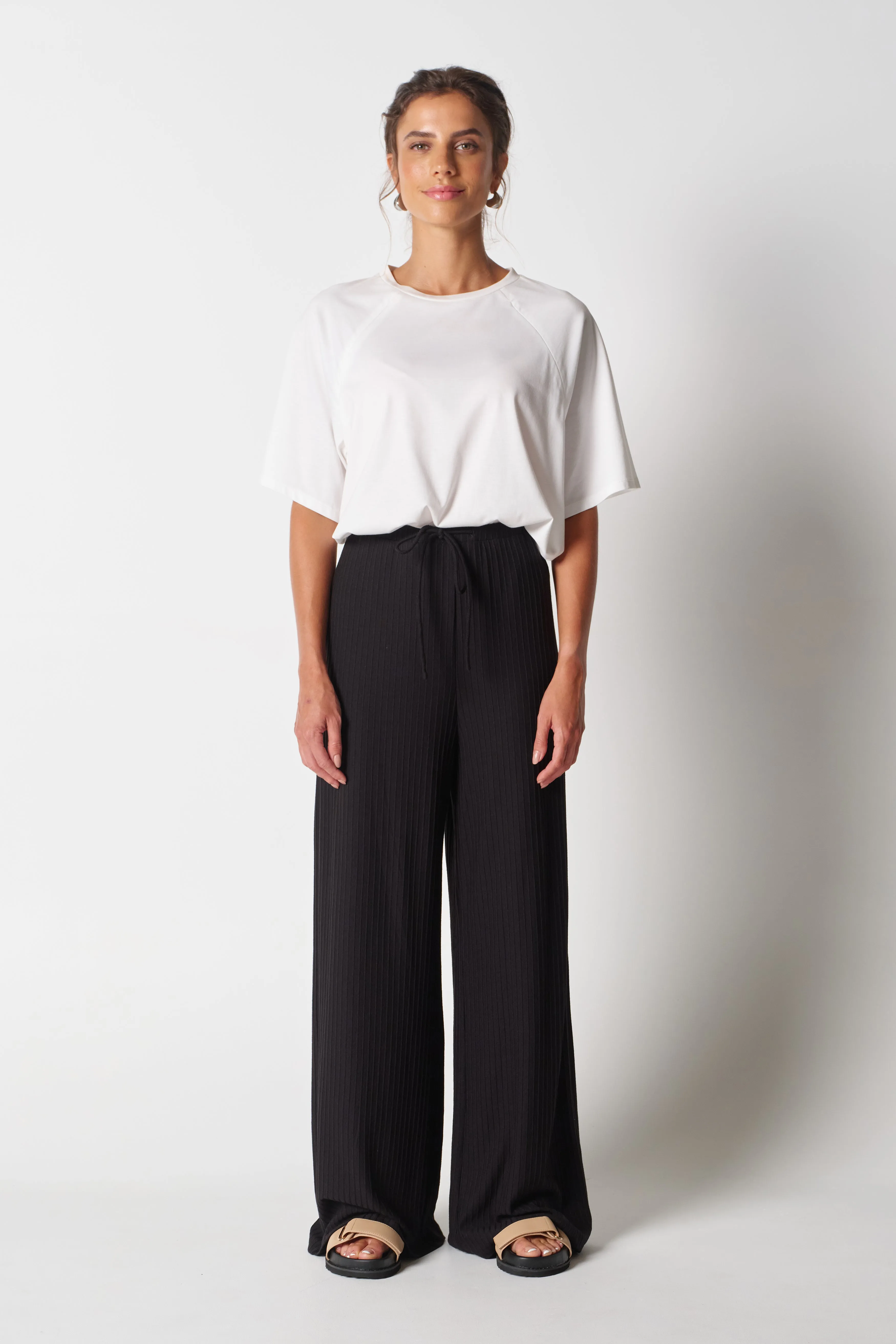 Ivy Ribbed Wide Leg Pants - Black