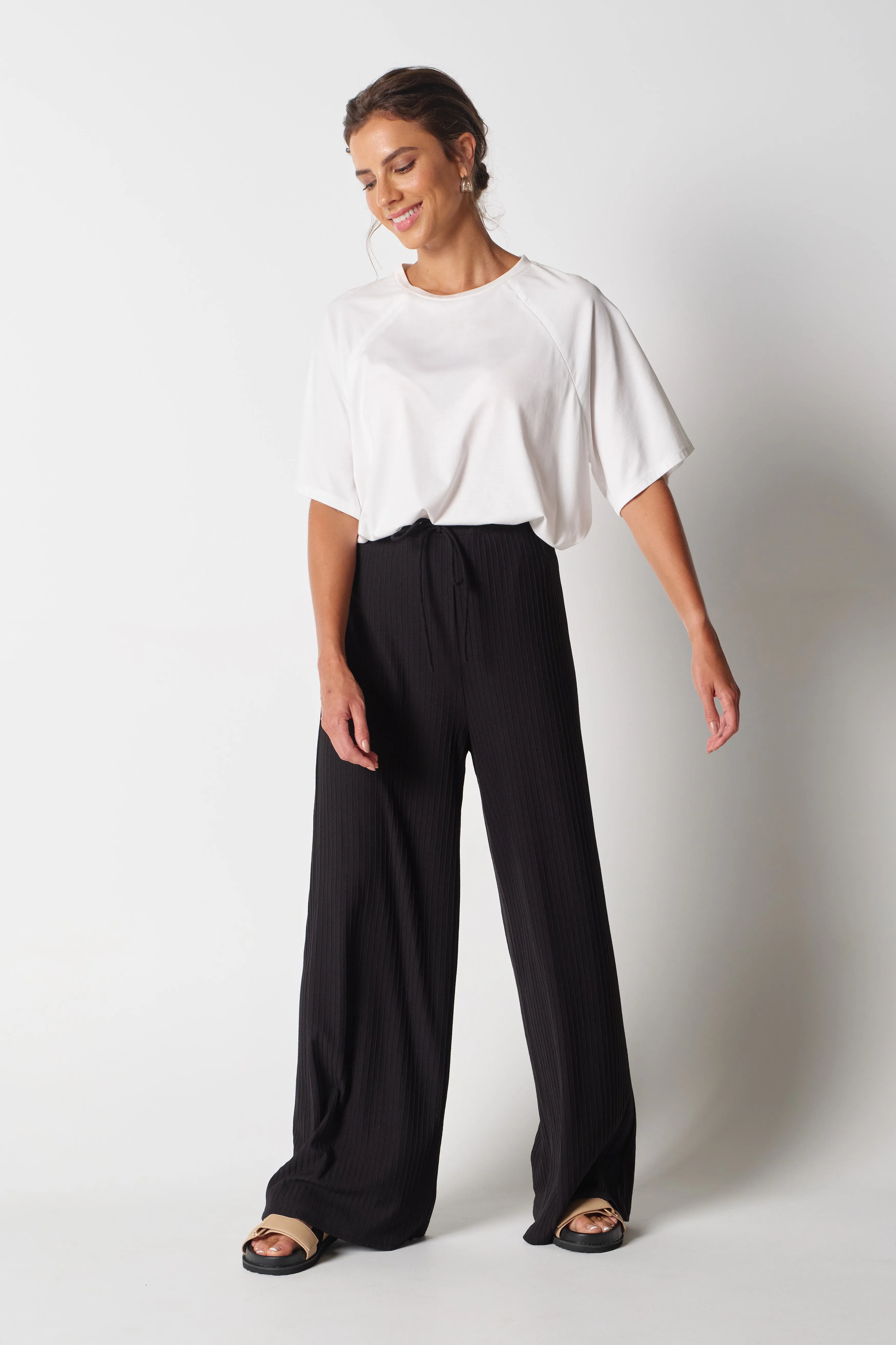 Ivy Ribbed Wide Leg Pants - Black