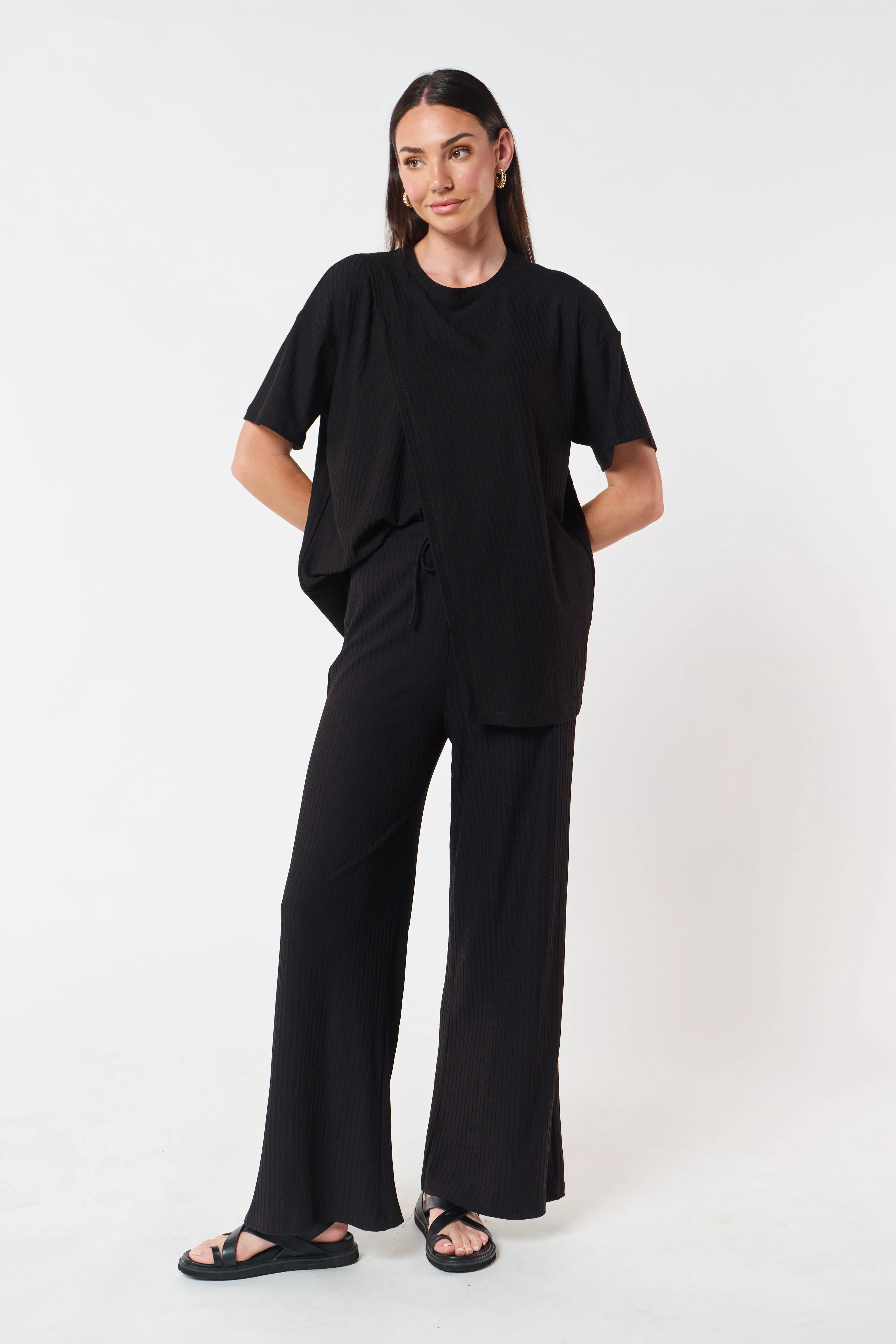 Ivy Ribbed Wide Leg Pants - Black