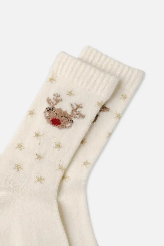 Lambswool Single Ivory Christmas Themed Sock SCB-285