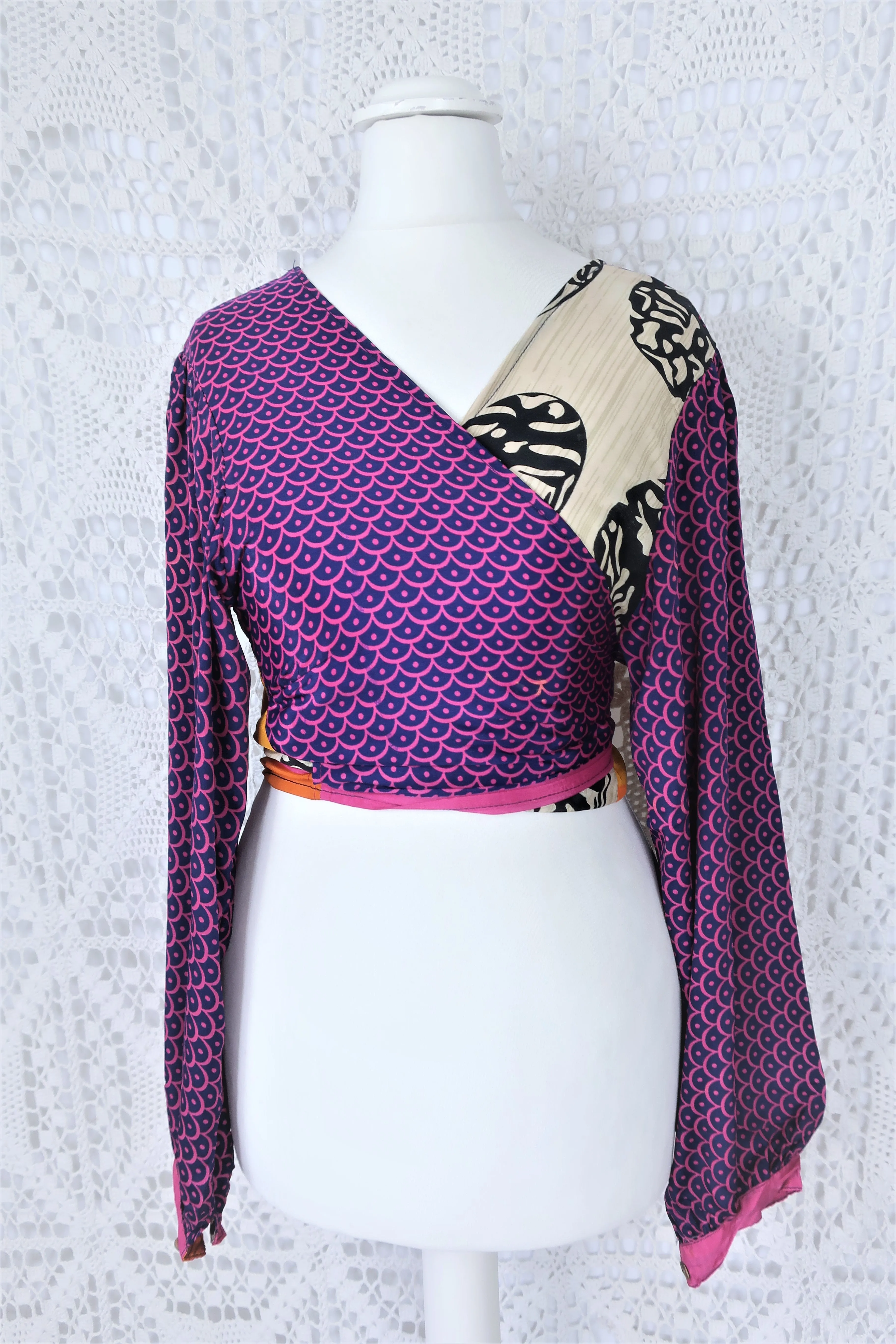 Lola Bohemian Wrap Top - Vintage Indian Sari - Deep Blue, Fuchsia & Ivory Motif - M/L