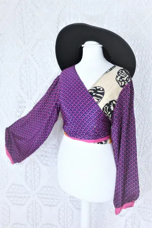 Lola Bohemian Wrap Top - Vintage Indian Sari - Deep Blue, Fuchsia & Ivory Motif - M/L