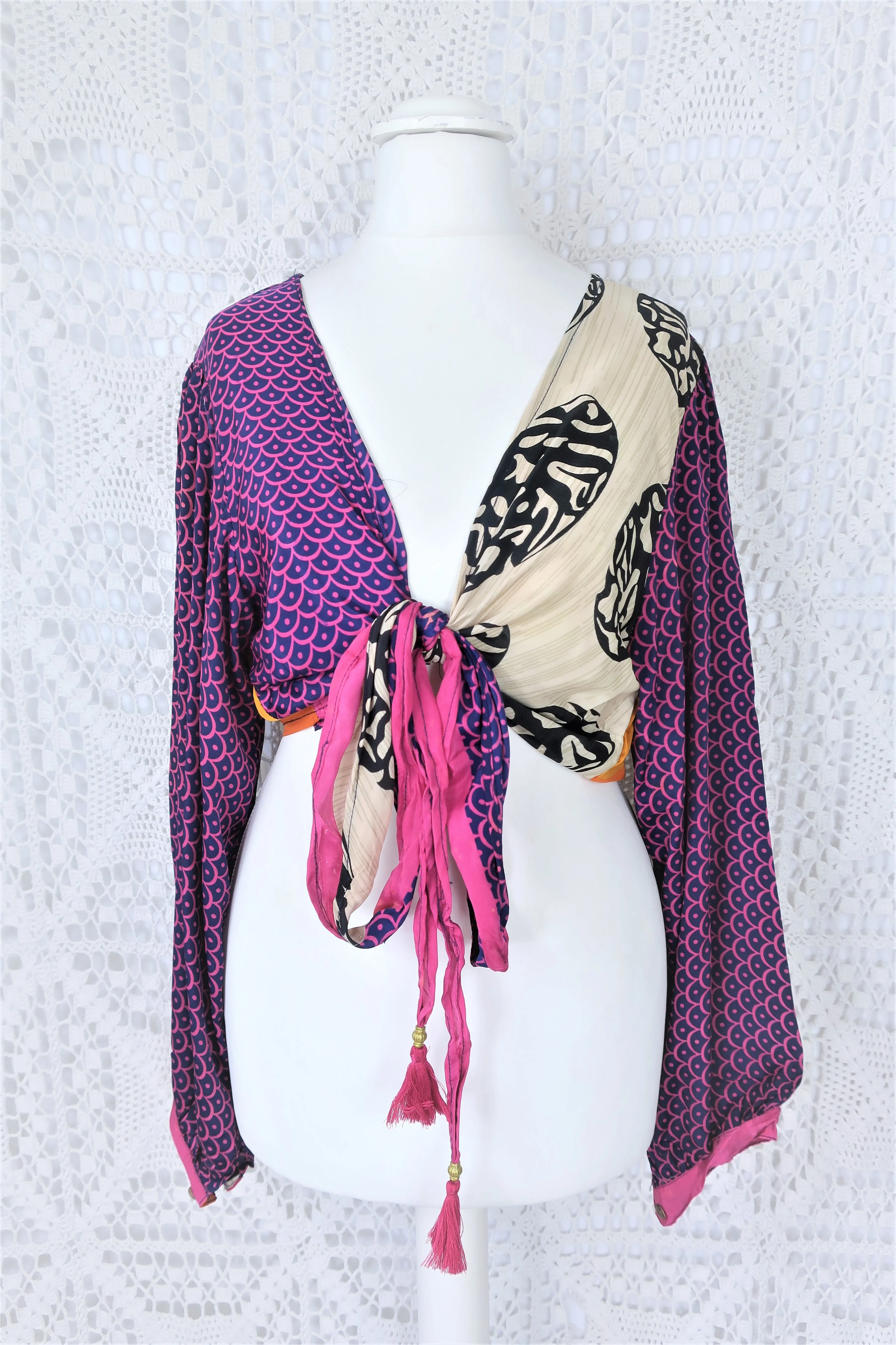 Lola Bohemian Wrap Top - Vintage Indian Sari - Deep Blue, Fuchsia & Ivory Motif - M/L