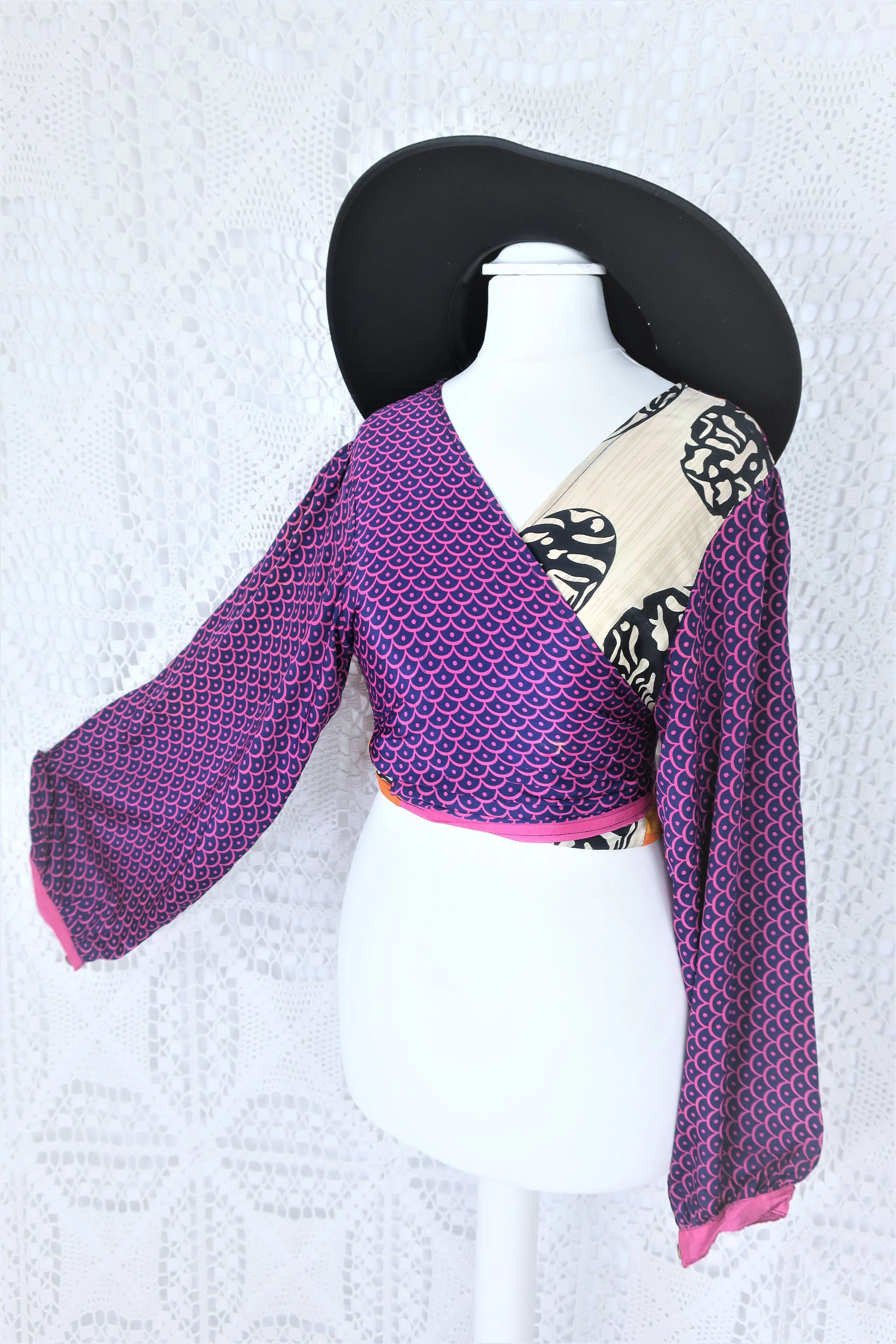 Lola Bohemian Wrap Top - Vintage Indian Sari - Deep Blue, Fuchsia & Ivory Motif - M/L