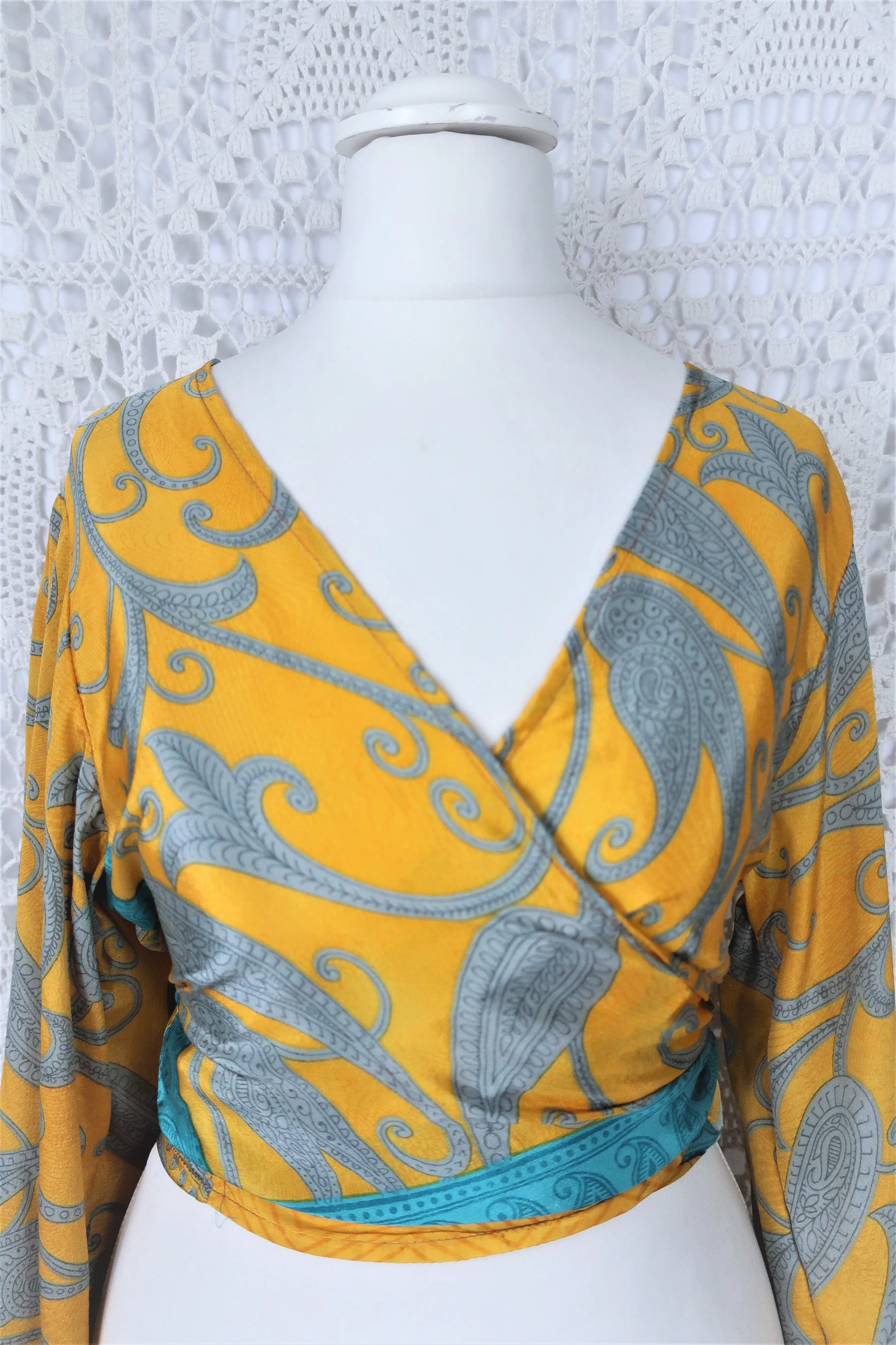 Lola Bohemian Wrap Top - Vintage Indian Sari - Tuscan Sun, Slate & Turquoise Swirl - S/M