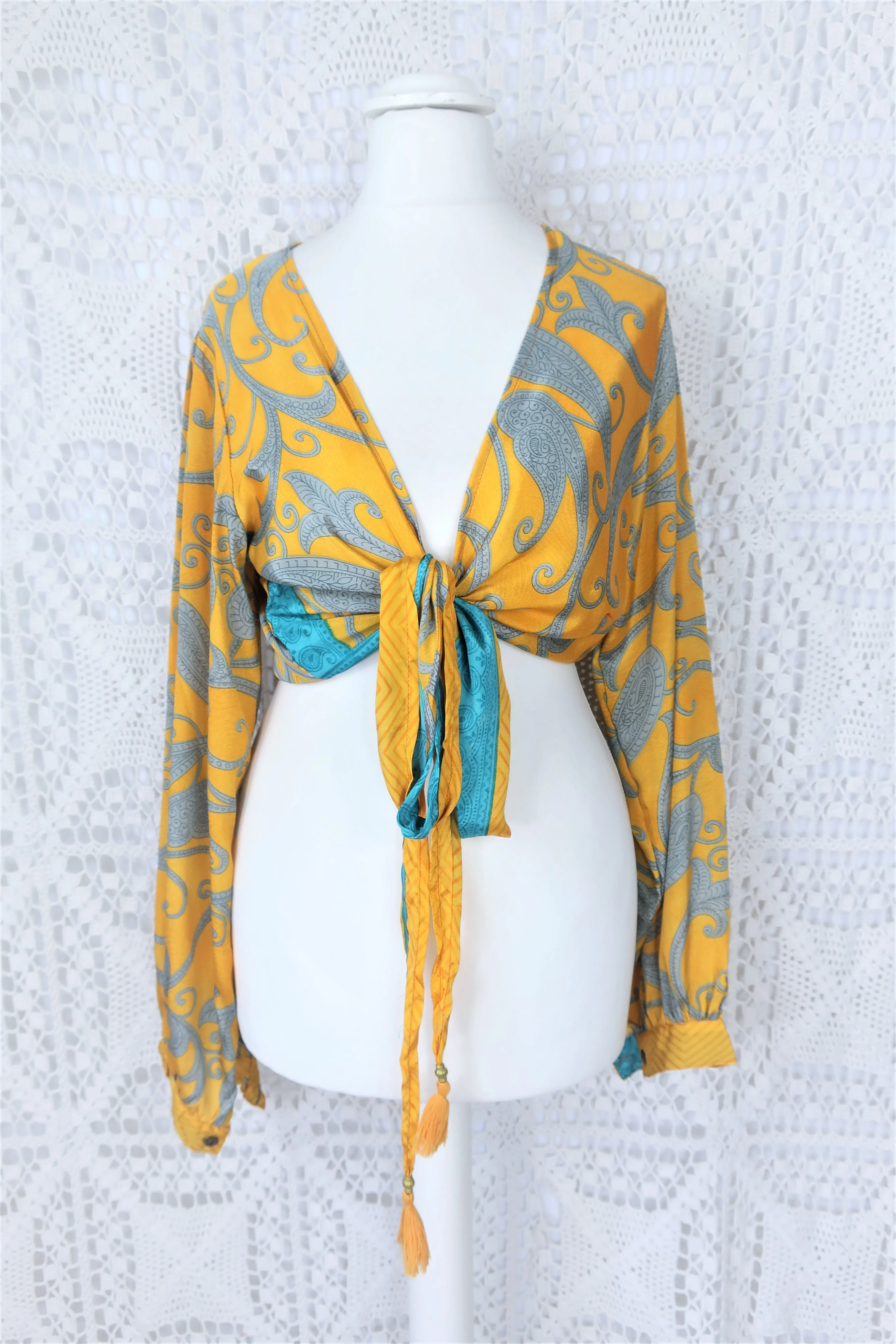 Lola Bohemian Wrap Top - Vintage Indian Sari - Tuscan Sun, Slate & Turquoise Swirl - S/M