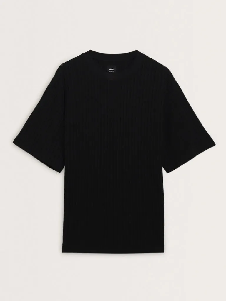 Nuon Black Striped Relaxed-Fit Cotton T-Shirt