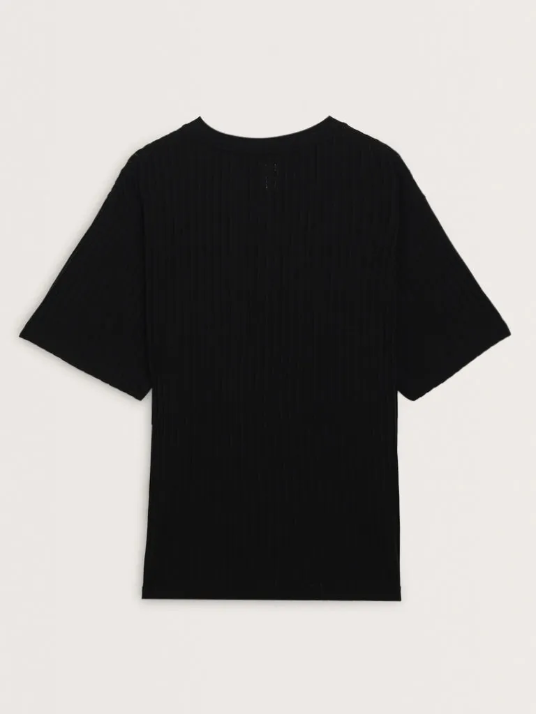 Nuon Black Striped Relaxed-Fit Cotton T-Shirt