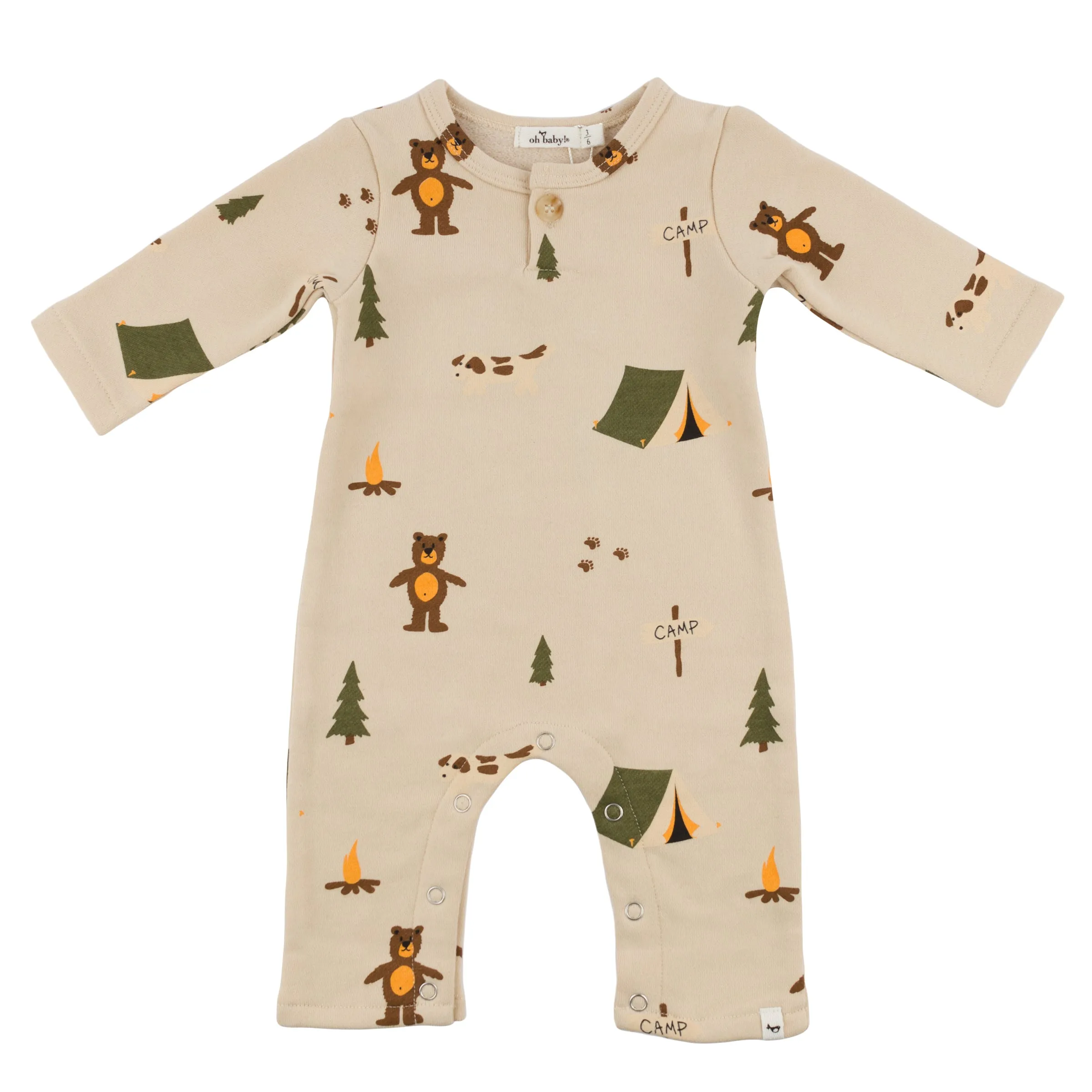 oh baby! One Button Romper French Terry - Camping Print - Biscotti