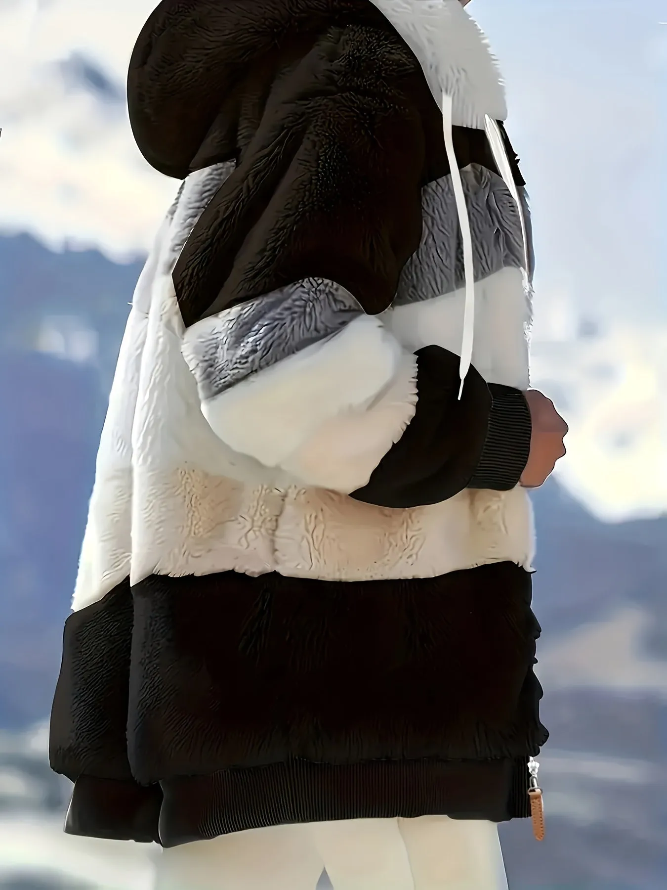 "Color Block Fuzzy Hooded Coat - Jackets In Winter Cozy Long Sleeve Winter Jacket"