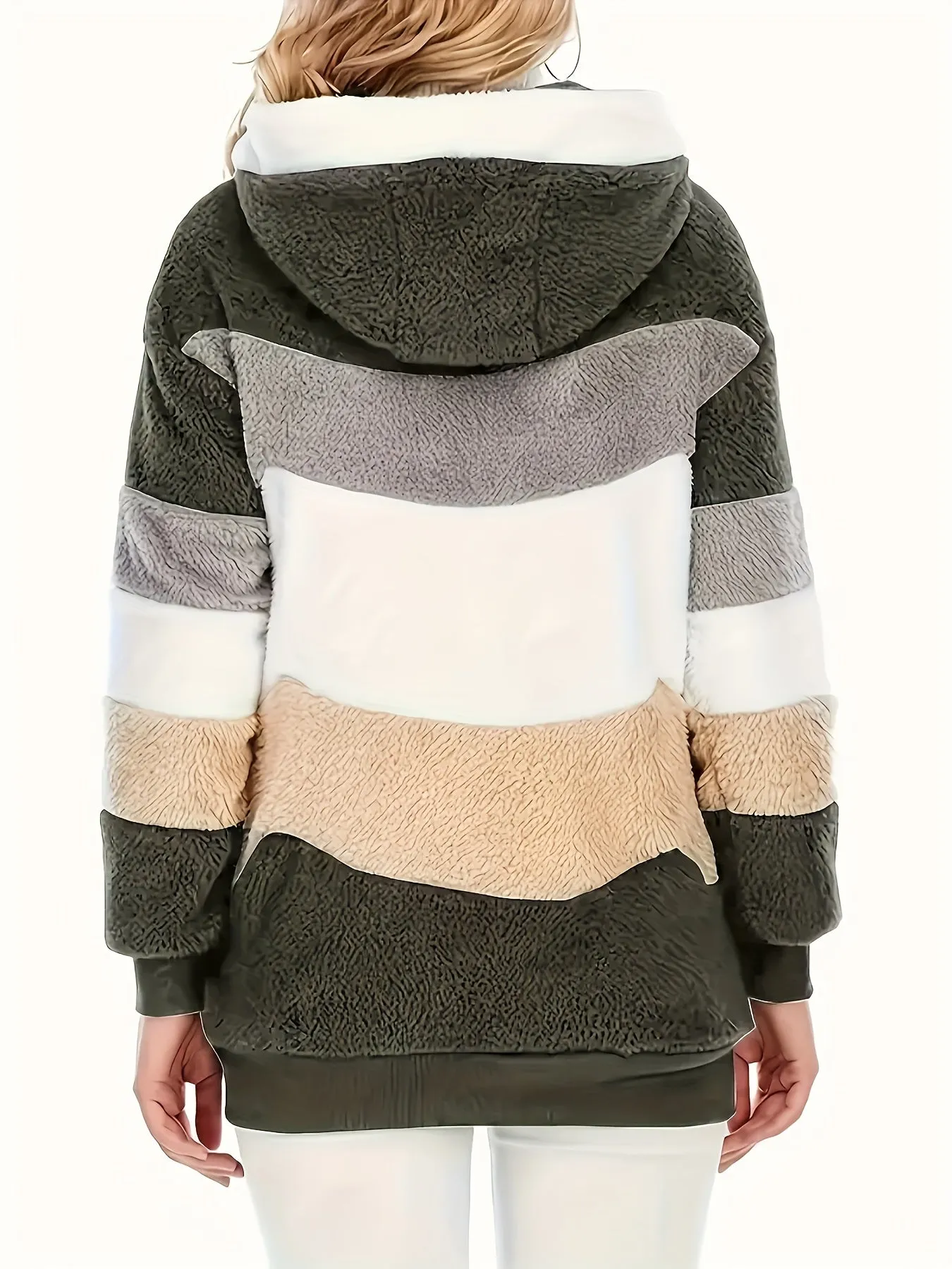 "Color Block Fuzzy Hooded Coat - Jackets In Winter Cozy Long Sleeve Winter Jacket"