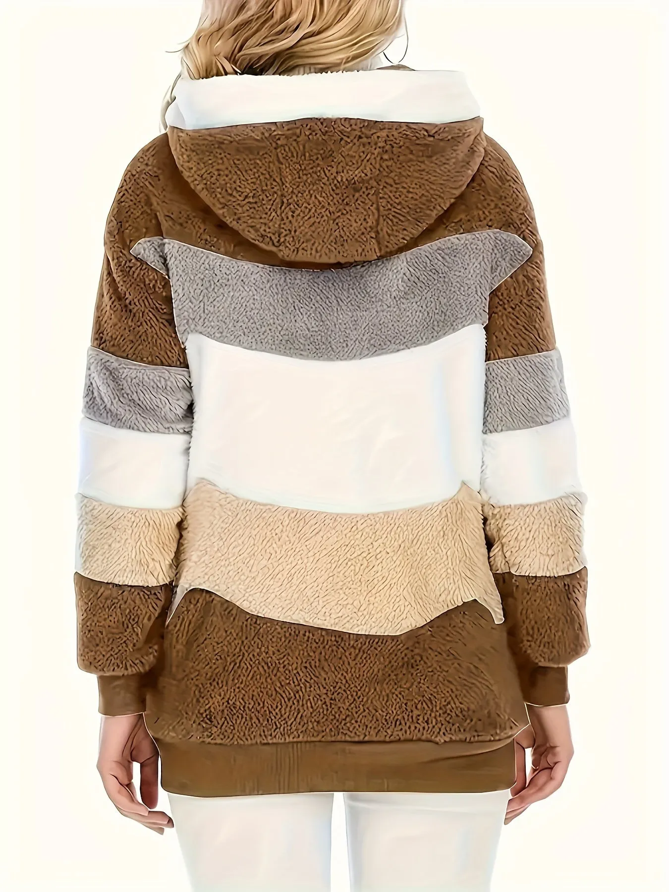 "Color Block Fuzzy Hooded Coat - Jackets In Winter Cozy Long Sleeve Winter Jacket"