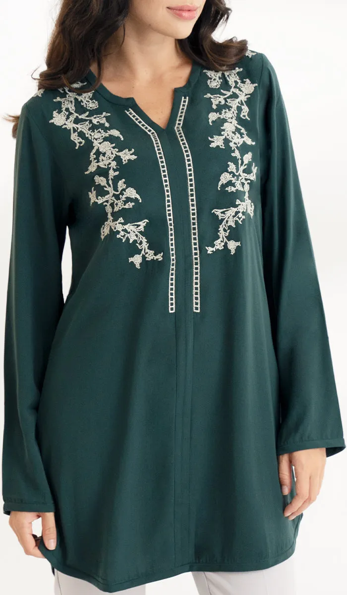 Shermin Embroidered Long Modest Tunic - Forest