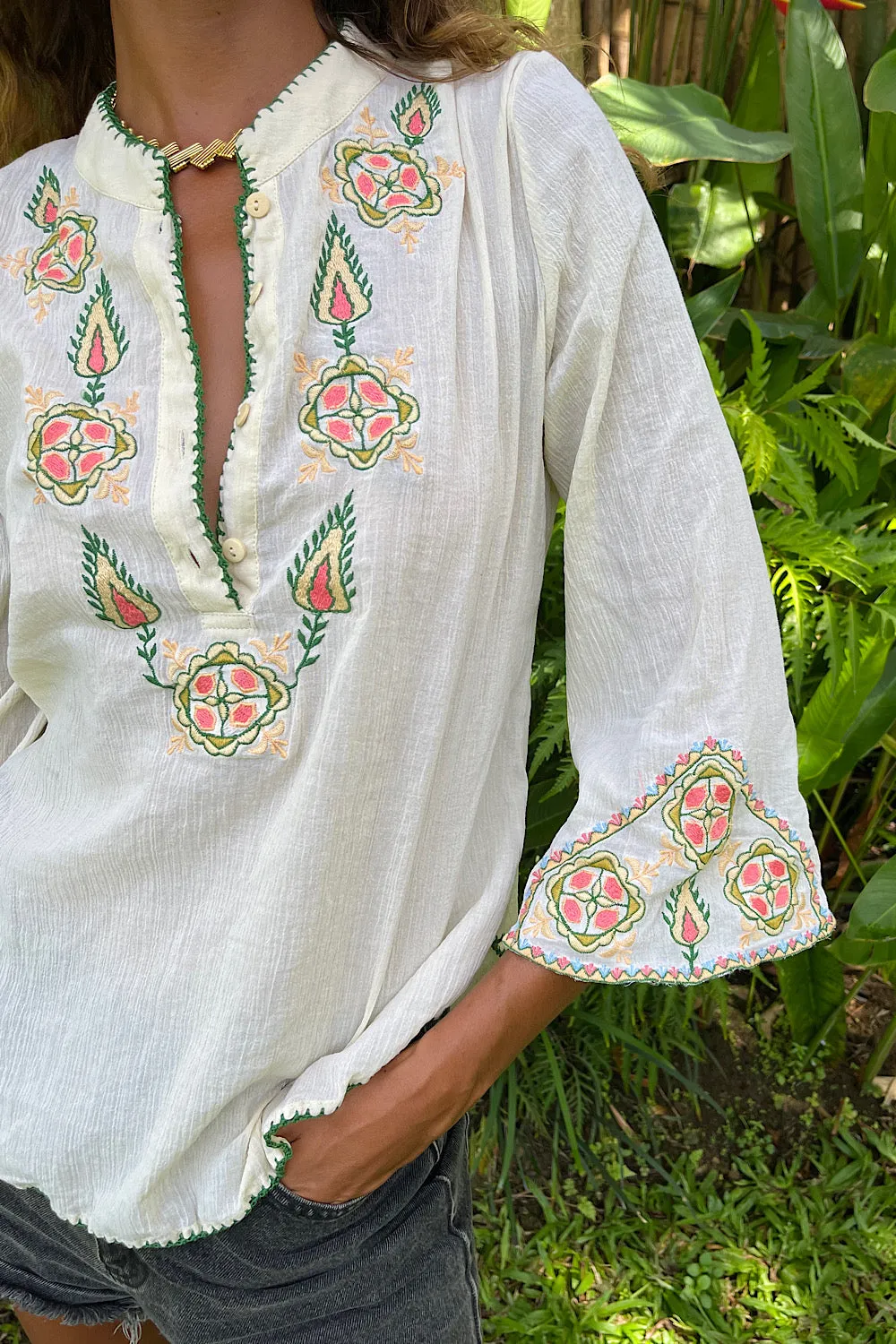 Simple Twist Of Fate Embroidered Gauze Tunic Blouse