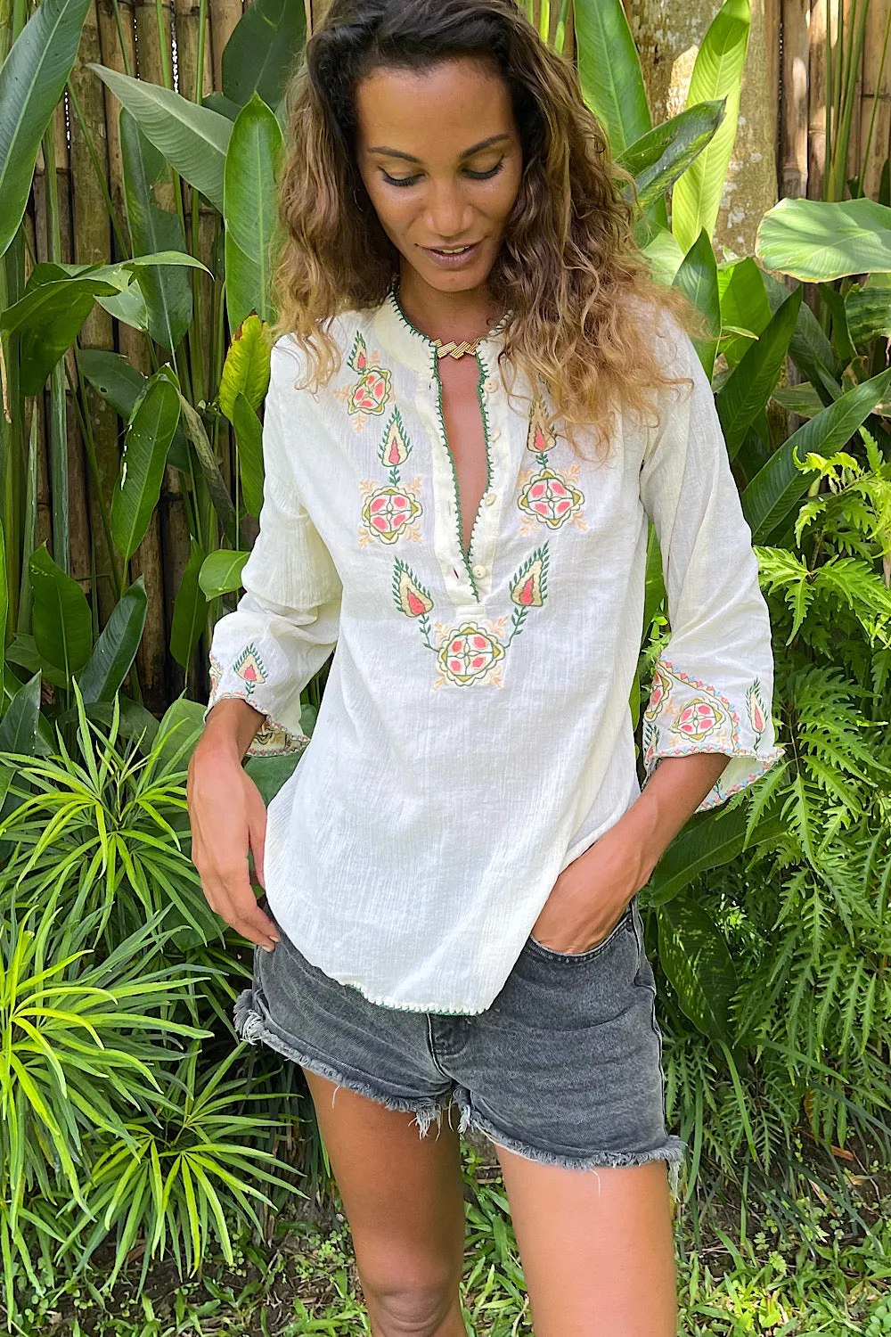 Simple Twist Of Fate Embroidered Gauze Tunic Blouse