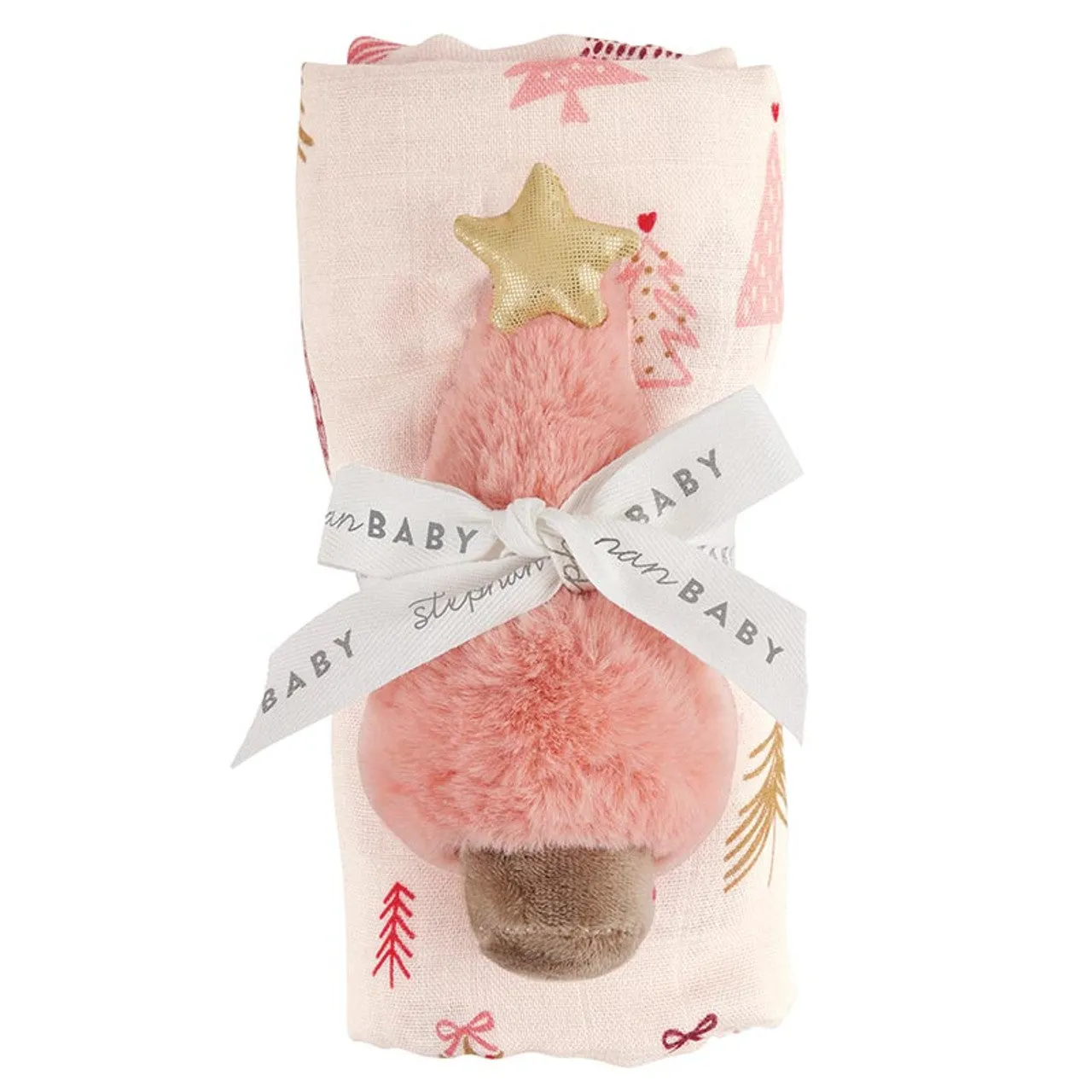 Swaddle with Plush Rattle - Pink Tree