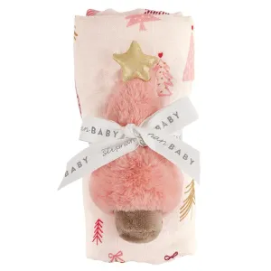 Swaddle with Plush Rattle - Pink Tree