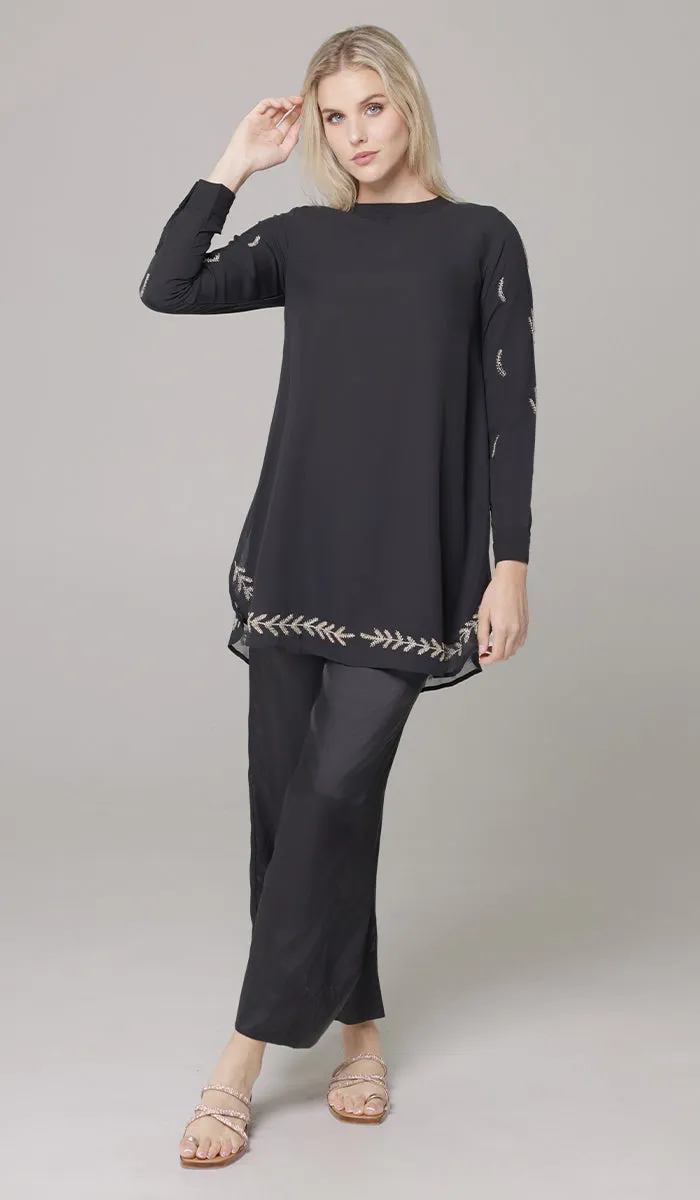 Tazeen Chiffon Formal Embroidered Long Modest Tunic - Black - PREORDER (ships in 2 weeks)