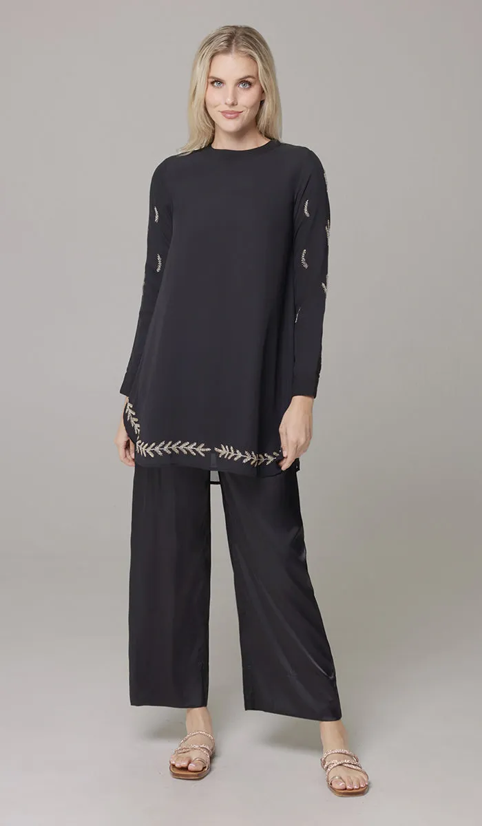 Tazeen Chiffon Formal Embroidered Long Modest Tunic - Black - PREORDER (ships in 2 weeks)