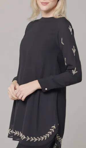 Tazeen Chiffon Formal Embroidered Long Modest Tunic - Black - PREORDER (ships in 2 weeks)