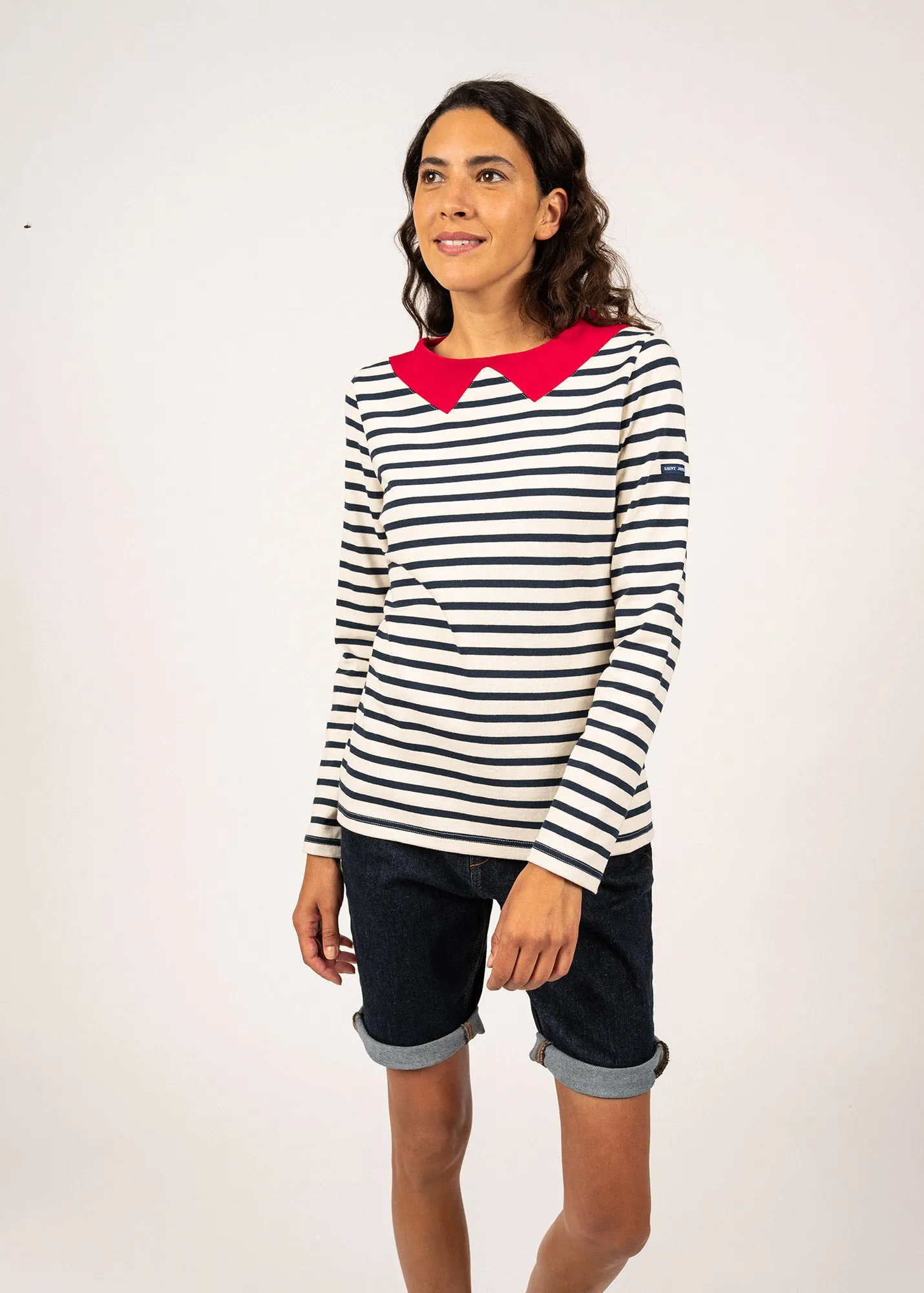 VIRE - Breton Striped Shirt with Collar for Women| Heavyweight Cotton (ECRU / NAVY / RED)